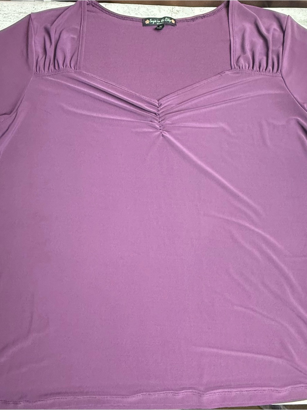 Susie In The City Purple Top Shirt Blouse Sweetheart Neck Stretch Knit EUC 1X 😍